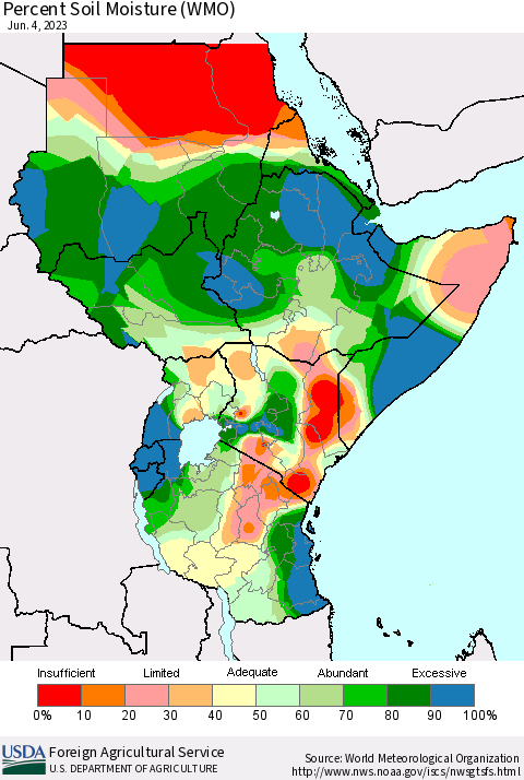 Eastern Africa Percent Soil Moisture (WMO) Thematic Map For 5/29/2023 - 6/4/2023