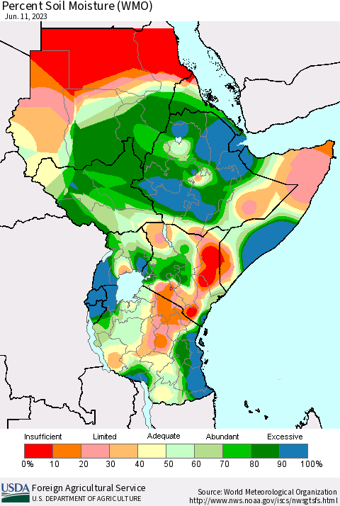 Eastern Africa Percent Soil Moisture (WMO) Thematic Map For 6/5/2023 - 6/11/2023