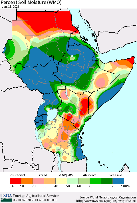 Eastern Africa Percent Soil Moisture (WMO) Thematic Map For 6/12/2023 - 6/18/2023