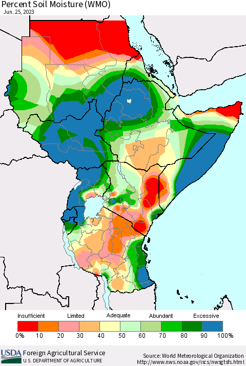 Eastern Africa Percent Soil Moisture (WMO) Thematic Map For 6/19/2023 - 6/25/2023