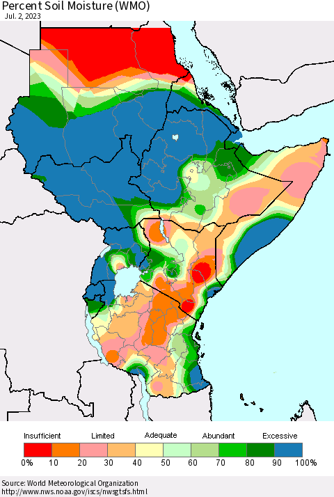 Eastern Africa Percent Soil Moisture (WMO) Thematic Map For 6/26/2023 - 7/2/2023