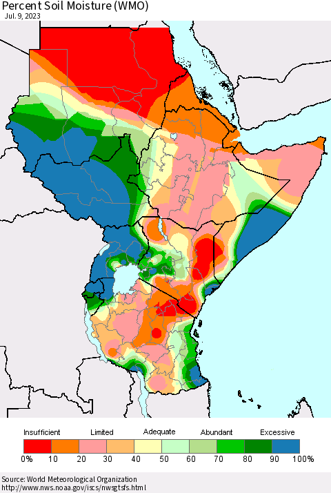 Eastern Africa Percent Soil Moisture (WMO) Thematic Map For 7/3/2023 - 7/9/2023