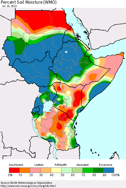 Eastern Africa Percent Soil Moisture (WMO) Thematic Map For 7/10/2023 - 7/16/2023