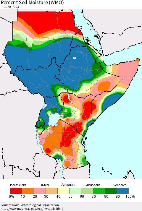 Eastern Africa Percent Soil Moisture (WMO) Thematic Map For 7/24/2023 - 7/30/2023