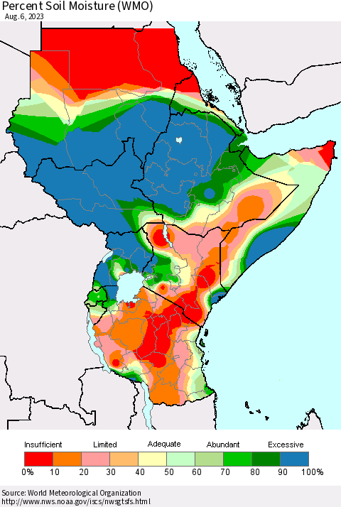 Eastern Africa Percent Soil Moisture (WMO) Thematic Map For 7/31/2023 - 8/6/2023