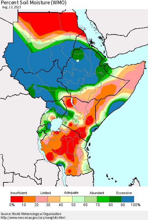 Eastern Africa Percent Soil Moisture (WMO) Thematic Map For 8/7/2023 - 8/13/2023