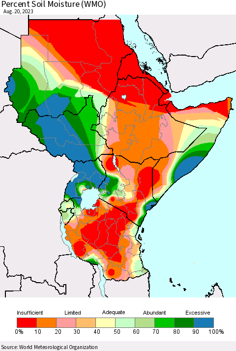 Eastern Africa Percent Soil Moisture (WMO) Thematic Map For 8/14/2023 - 8/20/2023