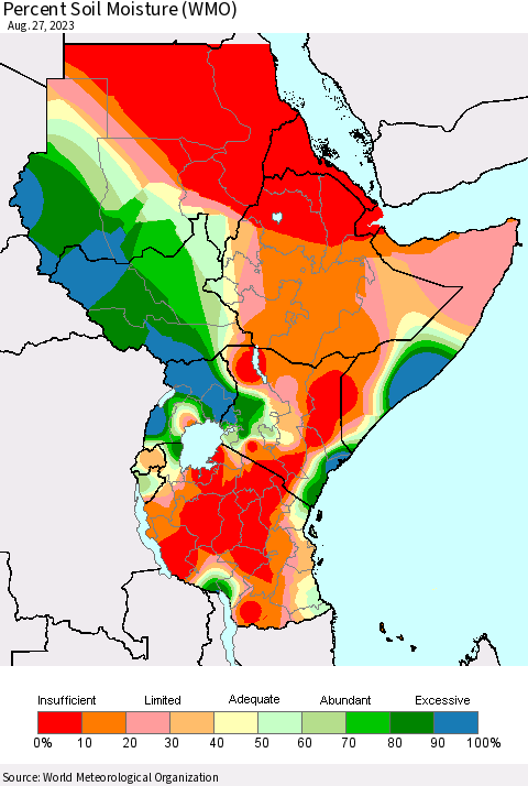 Eastern Africa Percent Soil Moisture (WMO) Thematic Map For 8/21/2023 - 8/27/2023