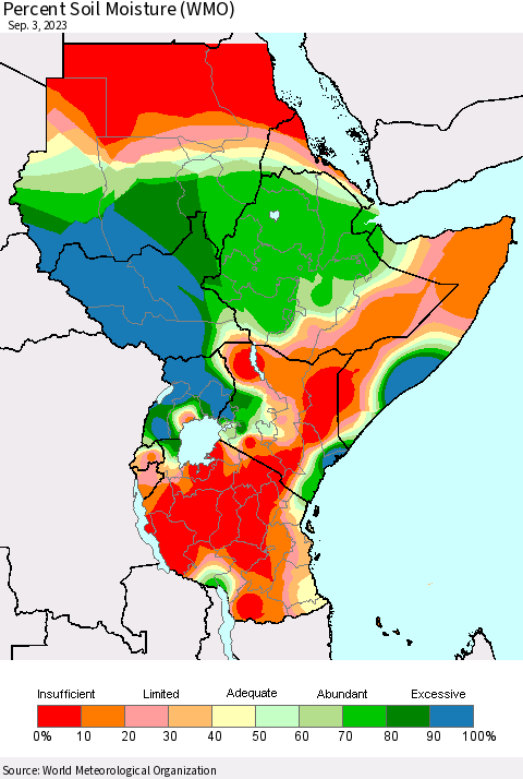 Eastern Africa Percent Soil Moisture (WMO) Thematic Map For 8/28/2023 - 9/3/2023