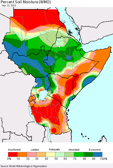 Eastern Africa Percent Soil Moisture (WMO) Thematic Map For 9/4/2023 - 9/10/2023