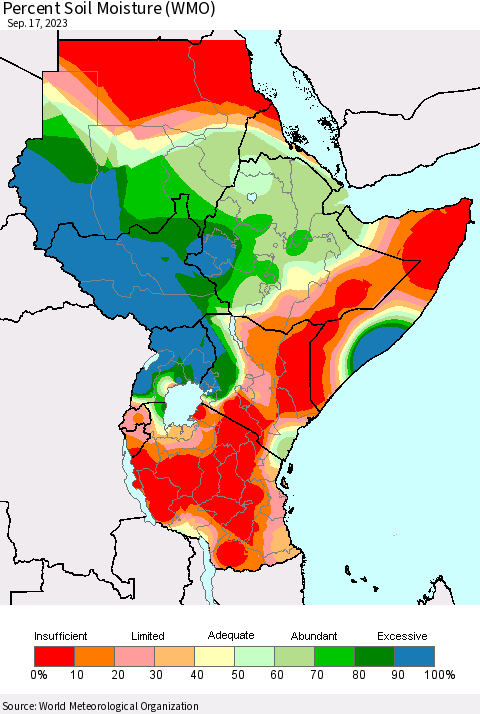 Eastern Africa Percent Soil Moisture (WMO) Thematic Map For 9/11/2023 - 9/17/2023