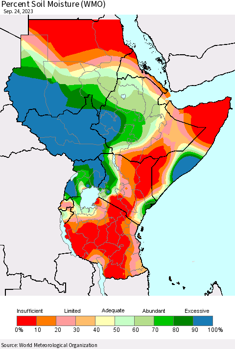 Eastern Africa Percent Soil Moisture (WMO) Thematic Map For 9/18/2023 - 9/24/2023