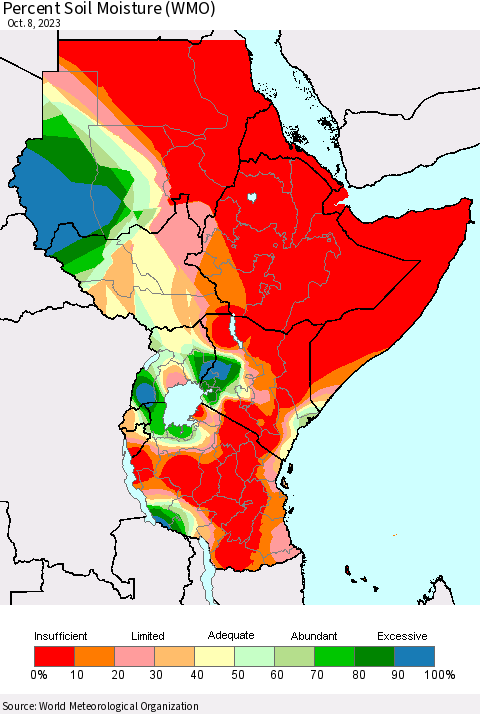 Eastern Africa Percent Soil Moisture (WMO) Thematic Map For 10/2/2023 - 10/8/2023