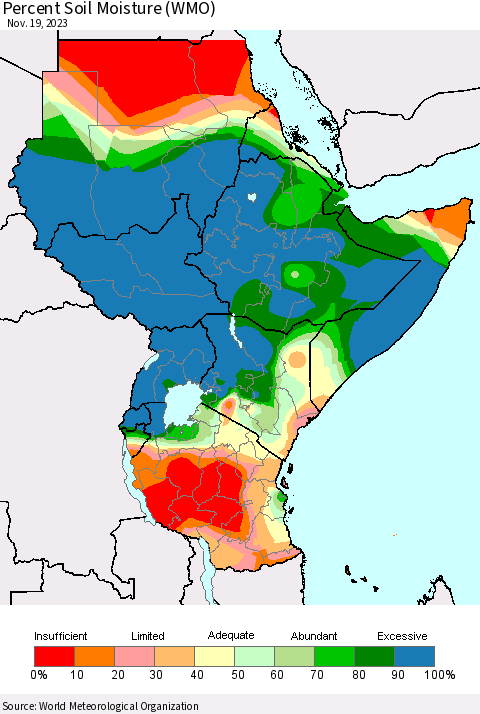 Eastern Africa Percent Soil Moisture (WMO) Thematic Map For 11/13/2023 - 11/19/2023