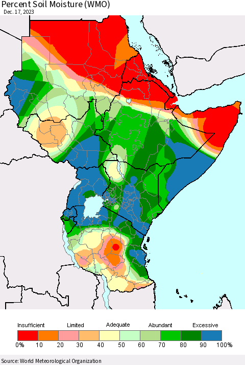 Eastern Africa Percent Soil Moisture (WMO) Thematic Map For 12/11/2023 - 12/17/2023