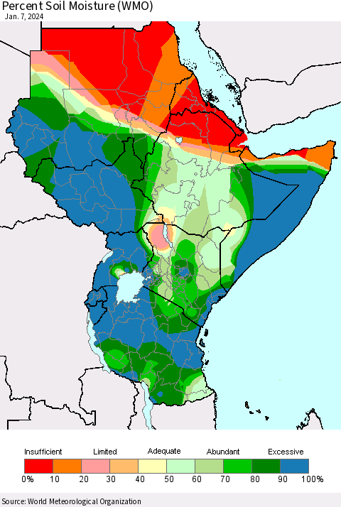 Eastern Africa Percent Soil Moisture (WMO) Thematic Map For 1/1/2024 - 1/7/2024