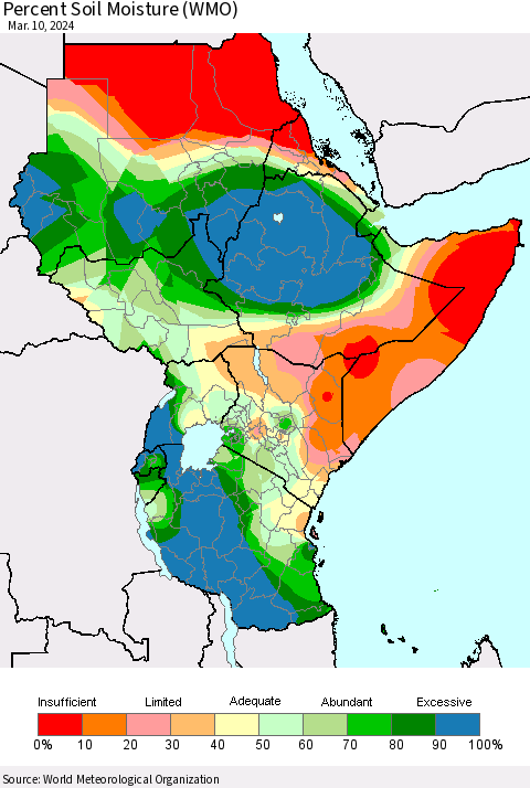 Eastern Africa Percent Soil Moisture (WMO) Thematic Map For 3/4/2024 - 3/10/2024