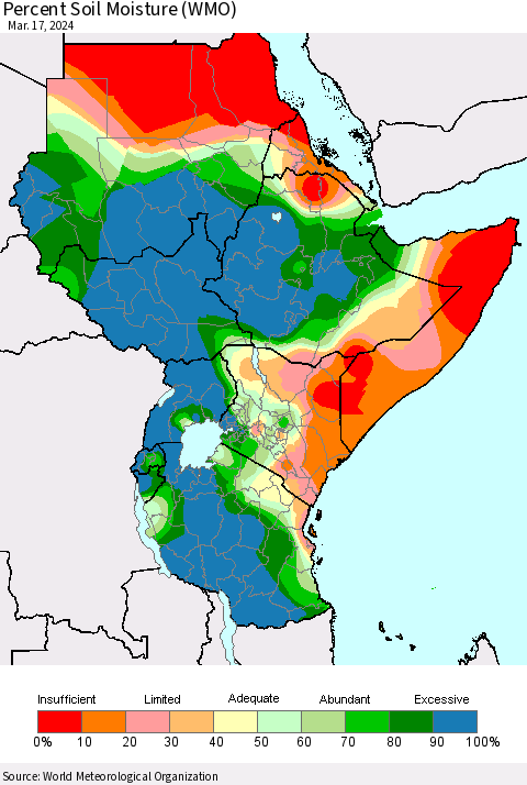 Eastern Africa Percent Soil Moisture (WMO) Thematic Map For 3/11/2024 - 3/17/2024