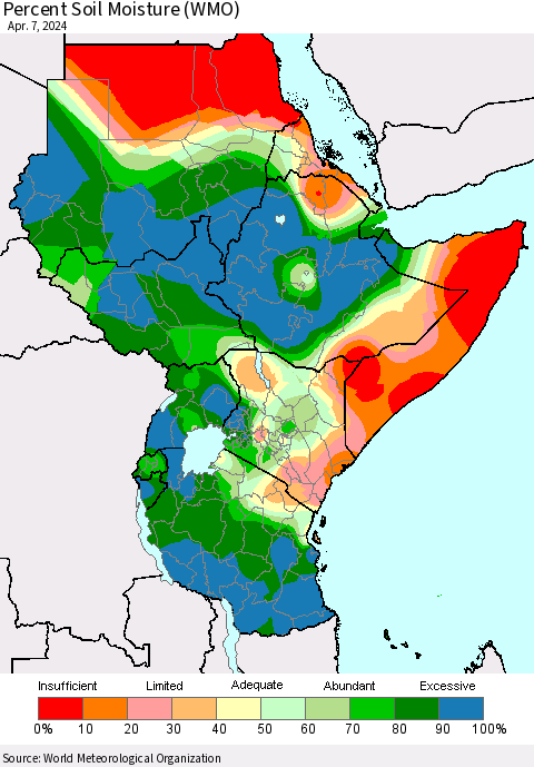 Eastern Africa Percent Soil Moisture (WMO) Thematic Map For 4/1/2024 - 4/7/2024