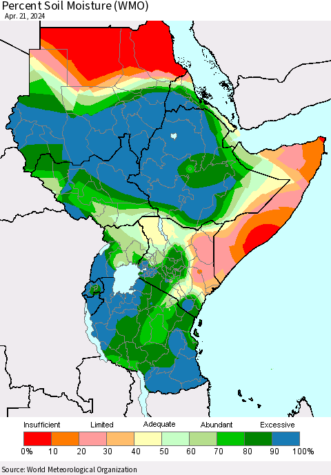 Eastern Africa Percent Soil Moisture (WMO) Thematic Map For 4/15/2024 - 4/21/2024