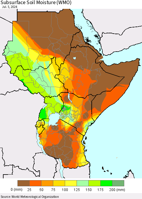 Eastern Africa Subsurface Soil Moisture (WMO) Thematic Map For 7/1/2024 - 7/5/2024