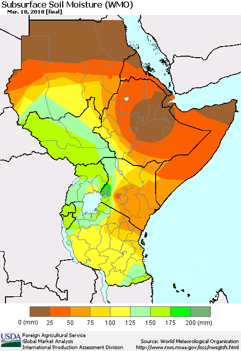 Eastern Africa Subsurface Soil Moisture (WMO) Thematic Map For 3/12/2018 - 3/18/2018