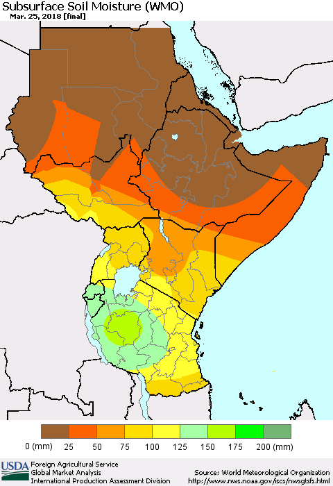 Eastern Africa Subsurface Soil Moisture (WMO) Thematic Map For 3/19/2018 - 3/25/2018