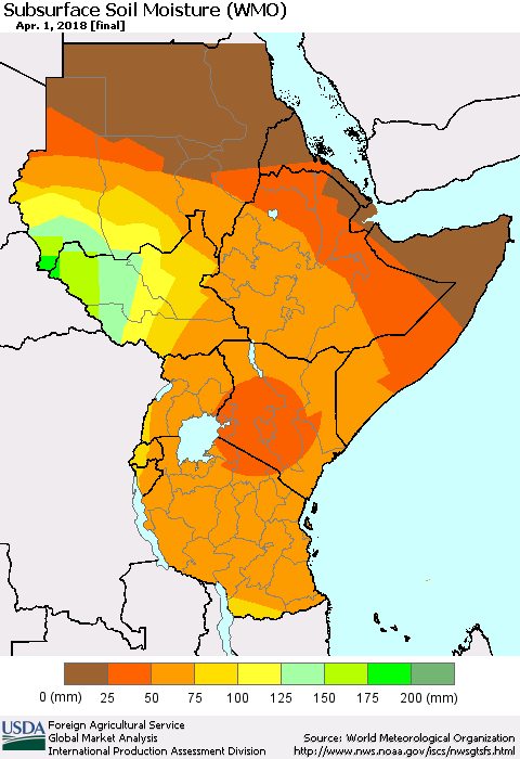 Eastern Africa Subsurface Soil Moisture (WMO) Thematic Map For 3/26/2018 - 4/1/2018