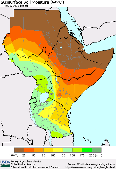 Eastern Africa Subsurface Soil Moisture (WMO) Thematic Map For 4/2/2018 - 4/8/2018
