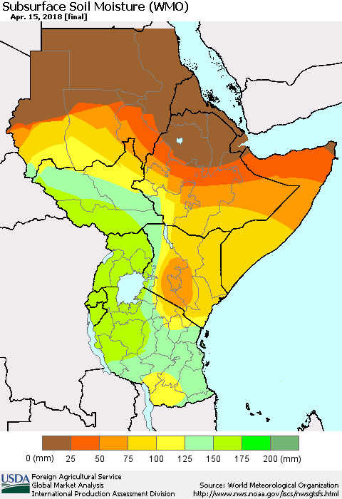 Eastern Africa Subsurface Soil Moisture (WMO) Thematic Map For 4/9/2018 - 4/15/2018