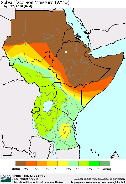 Eastern Africa Subsurface Soil Moisture (WMO) Thematic Map For 4/16/2018 - 4/22/2018