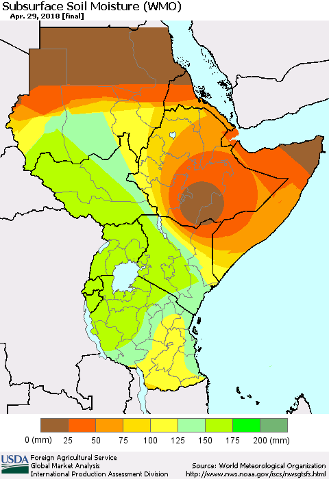 Eastern Africa Subsurface Soil Moisture (WMO) Thematic Map For 4/23/2018 - 4/29/2018