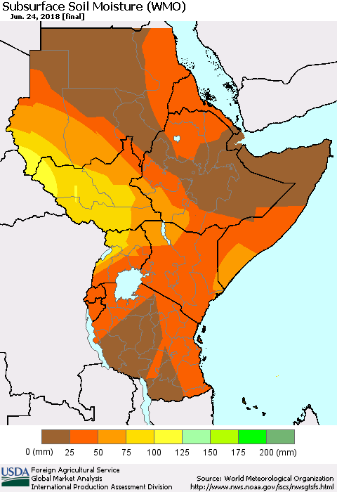 Eastern Africa Subsurface Soil Moisture (WMO) Thematic Map For 6/18/2018 - 6/24/2018