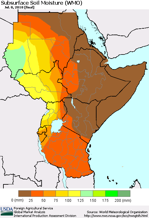 Eastern Africa Subsurface Soil Moisture (WMO) Thematic Map For 7/2/2018 - 7/8/2018