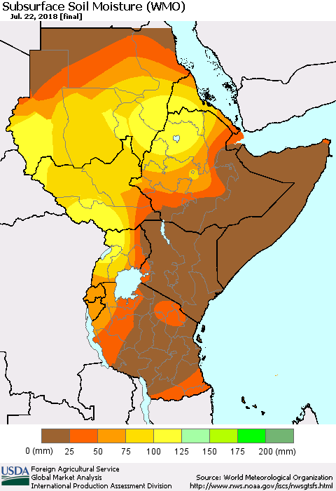 Eastern Africa Subsurface Soil Moisture (WMO) Thematic Map For 7/16/2018 - 7/22/2018
