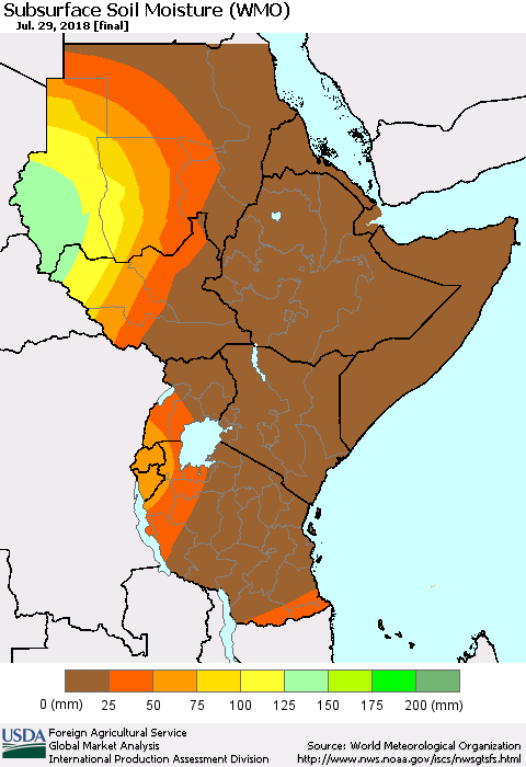 Eastern Africa Subsurface Soil Moisture (WMO) Thematic Map For 7/23/2018 - 7/29/2018