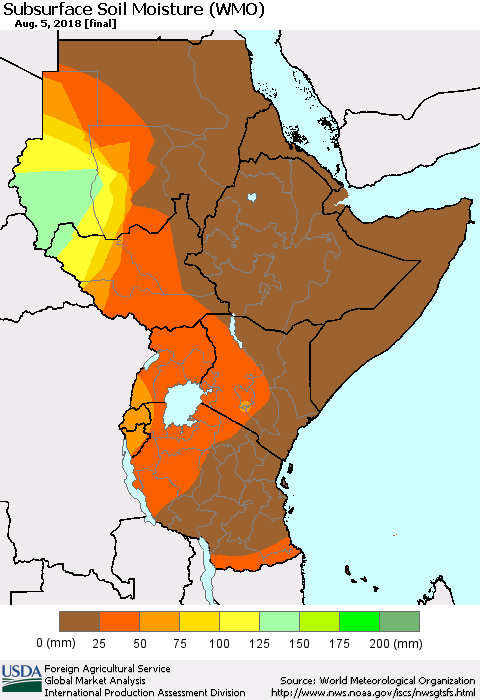 Eastern Africa Subsurface Soil Moisture (WMO) Thematic Map For 7/30/2018 - 8/5/2018