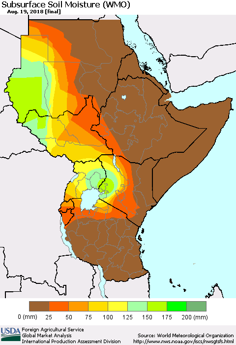 Eastern Africa Subsurface Soil Moisture (WMO) Thematic Map For 8/13/2018 - 8/19/2018