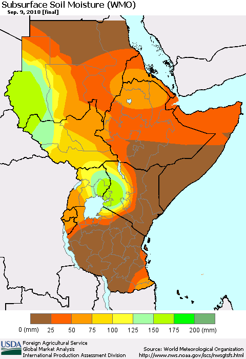 Eastern Africa Subsurface Soil Moisture (WMO) Thematic Map For 9/3/2018 - 9/9/2018