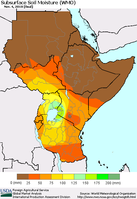 Eastern Africa Subsurface Soil Moisture (WMO) Thematic Map For 10/29/2018 - 11/4/2018
