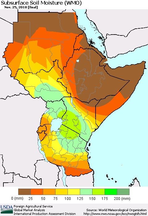 Eastern Africa Subsurface Soil Moisture (WMO) Thematic Map For 11/19/2018 - 11/25/2018
