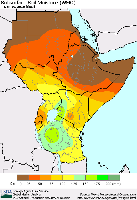 Eastern Africa Subsurface Soil Moisture (WMO) Thematic Map For 12/10/2018 - 12/16/2018