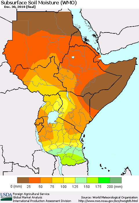 Eastern Africa Subsurface Soil Moisture (WMO) Thematic Map For 12/24/2018 - 12/30/2018