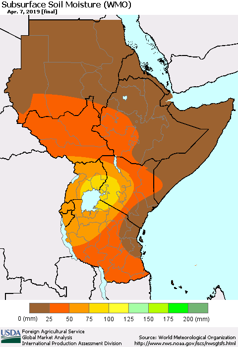 Eastern Africa Subsurface Soil Moisture (WMO) Thematic Map For 4/1/2019 - 4/7/2019