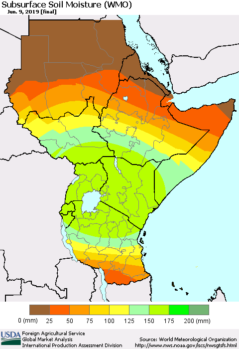 Eastern Africa Subsurface Soil Moisture (WMO) Thematic Map For 6/3/2019 - 6/9/2019