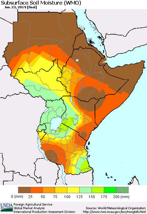 Eastern Africa Subsurface Soil Moisture (WMO) Thematic Map For 6/17/2019 - 6/23/2019