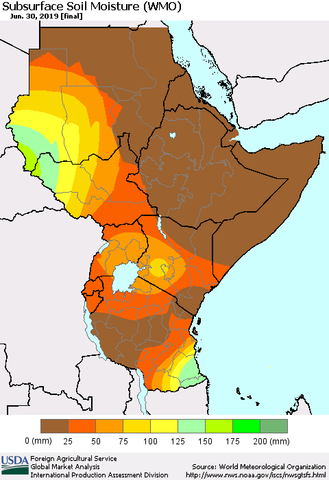 Eastern Africa Subsurface Soil Moisture (WMO) Thematic Map For 6/24/2019 - 6/30/2019