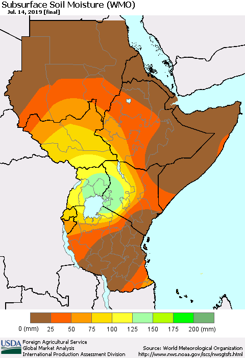 Eastern Africa Subsurface Soil Moisture (WMO) Thematic Map For 7/8/2019 - 7/14/2019