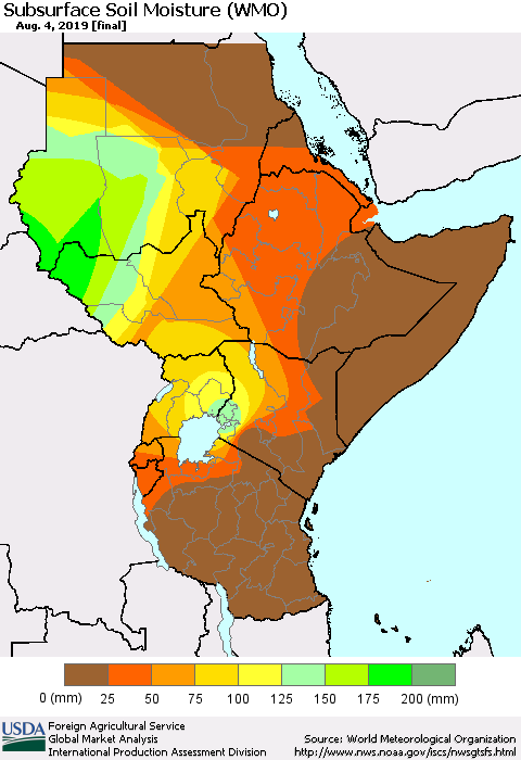Eastern Africa Subsurface Soil Moisture (WMO) Thematic Map For 7/29/2019 - 8/4/2019