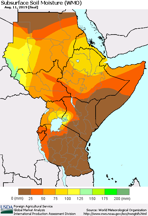 Eastern Africa Subsurface Soil Moisture (WMO) Thematic Map For 8/5/2019 - 8/11/2019